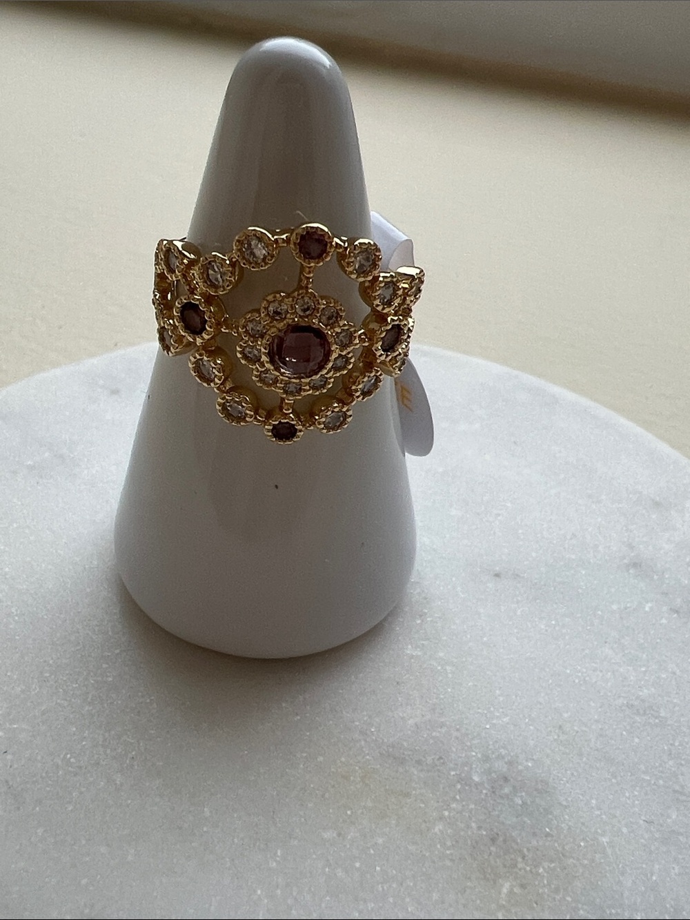 bp Gold-Tone Filigree Cocktail Ring with Pink Stones